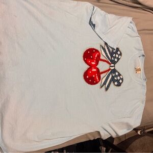Comfort Colors Light Blue Tee with Red and Blue Bow & cherries patch